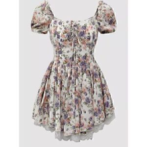 Romwe Babydoll Floral Blossom Lace Corset Lace-up Contrast Puff Sleeve Dress L